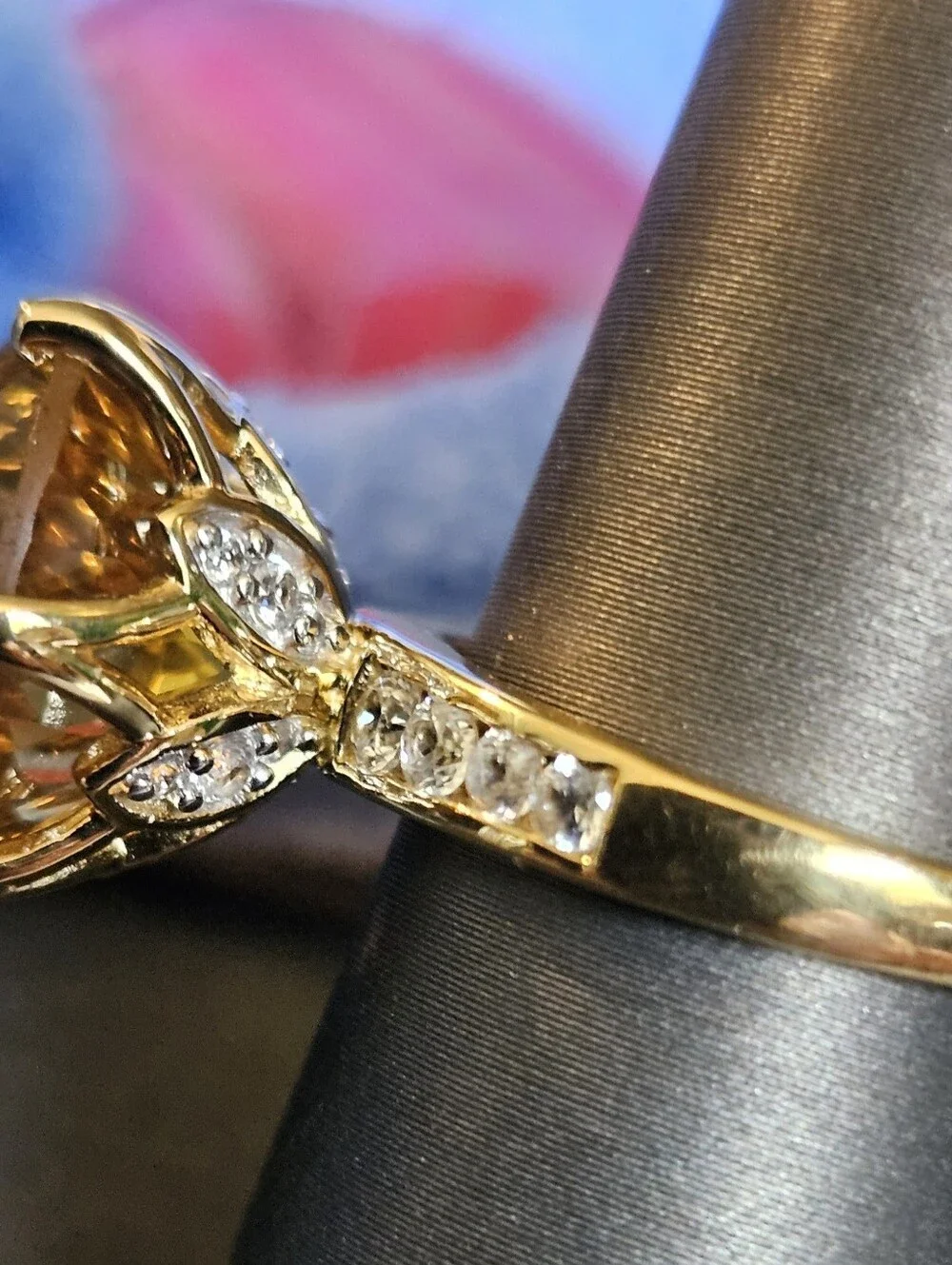 Millennium Cut Brazilian Citrine White Zircon Ring Vermeil Yellow Gold Over Ster